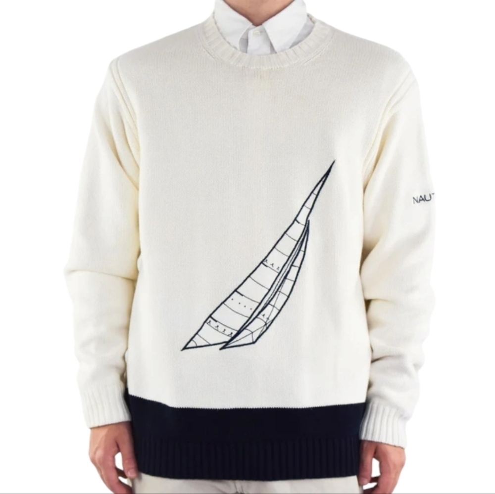 Nautica Vintage Cream And Navy Blue Crewneck Sweater - Size Large
